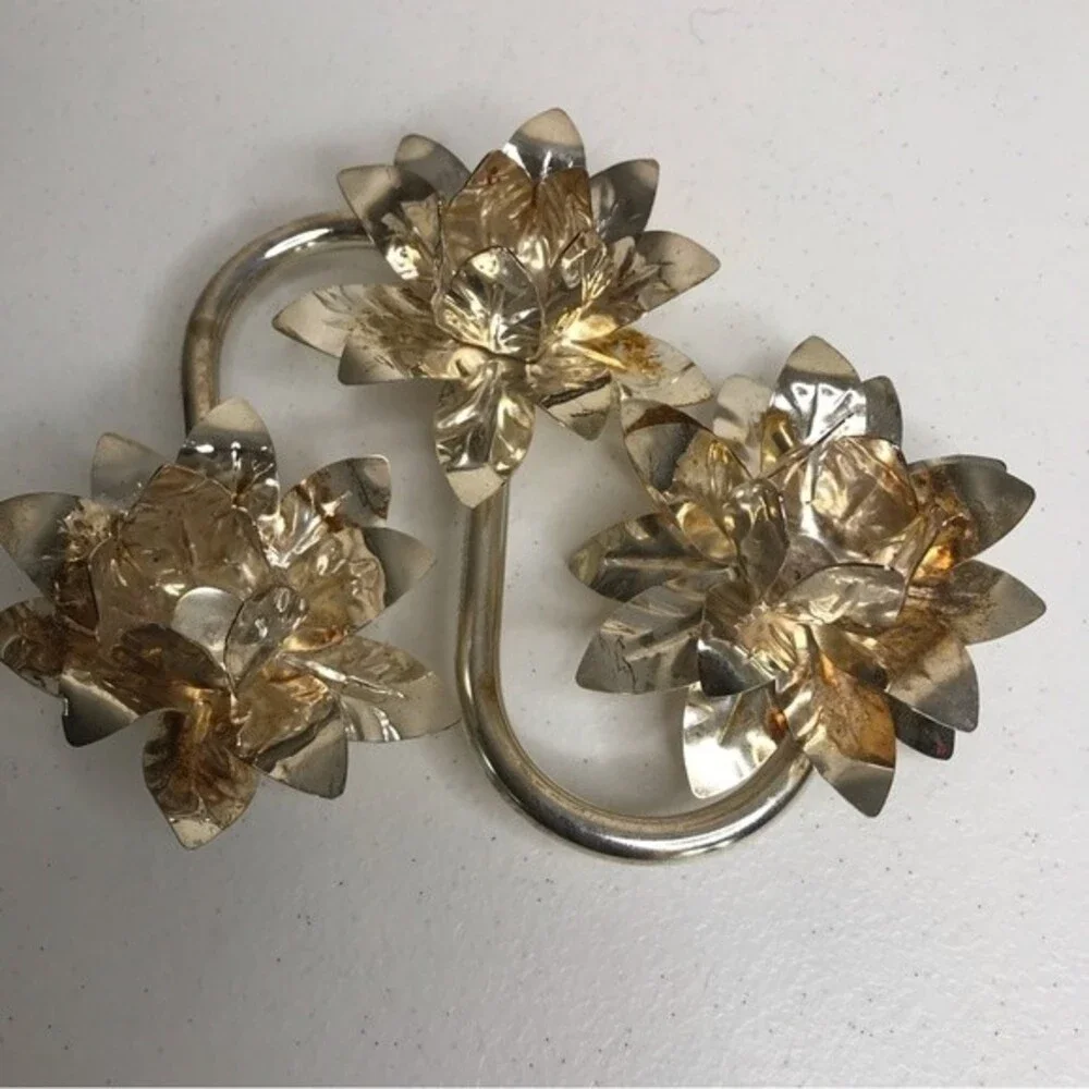 Vintage Triple Flower Candlestick Holder Silver Tone Candelabra Patina Holiday